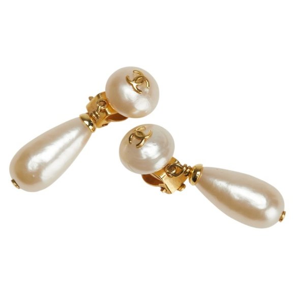 Vintage Chanel Coco Mark Teardrop Motif Swing Earrings, Gold Plated with Faux... - Picture 1 of 5
